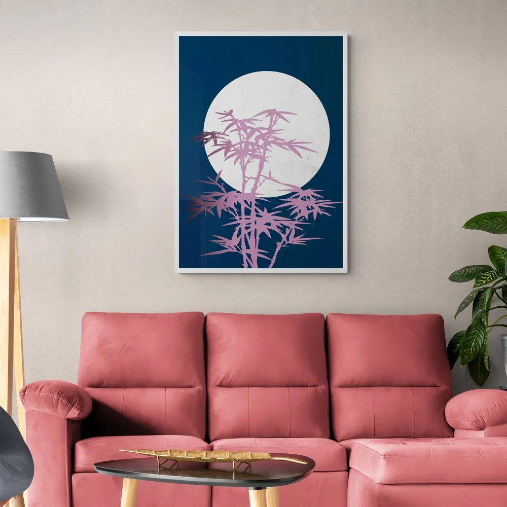 Pink Bamboo Silhouette Print in white frame