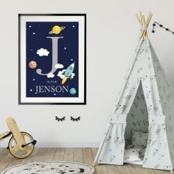 Personalised Space Themed Nursery Print in black frame with mount