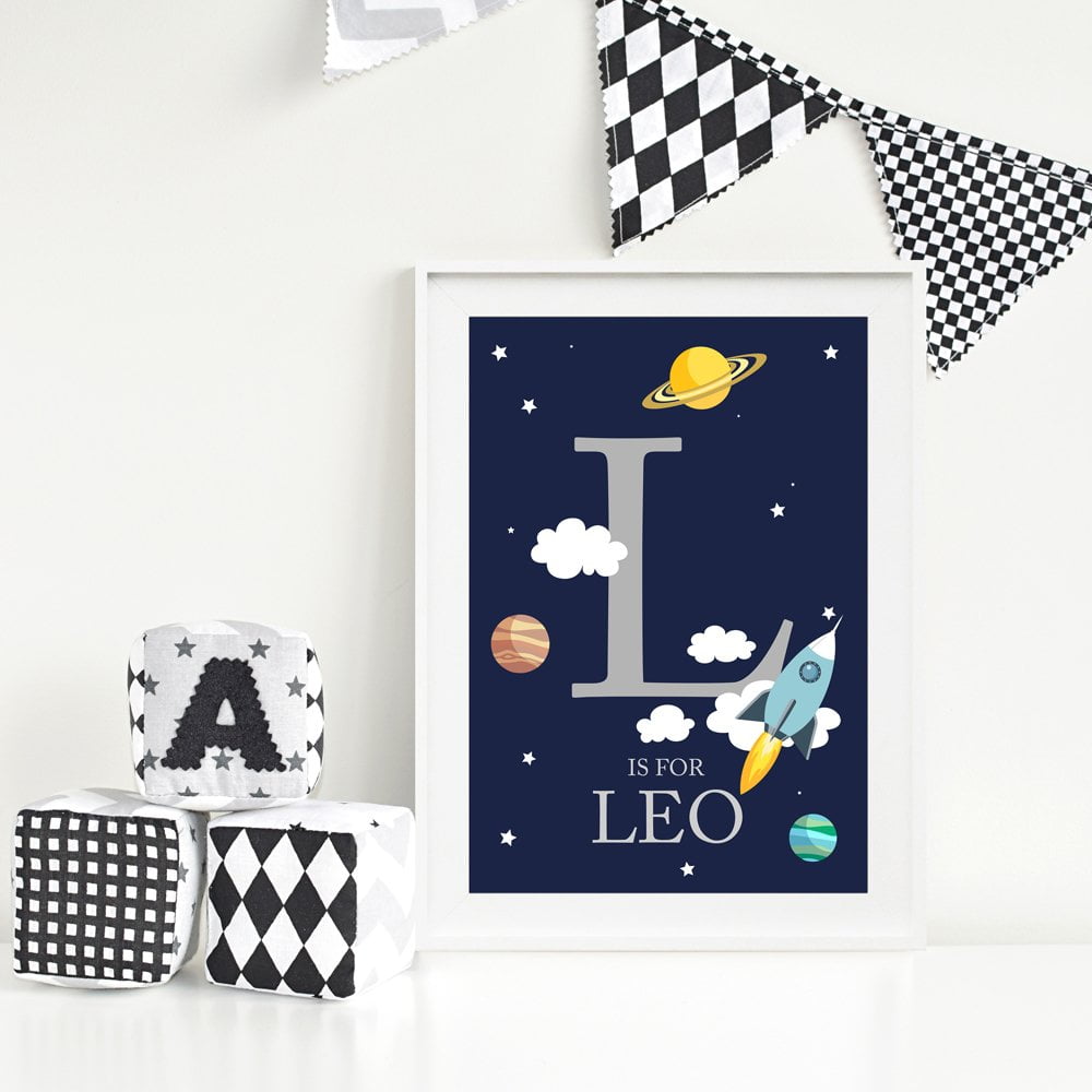 Personalised Space Themed Nursery Print in white frame with mount
