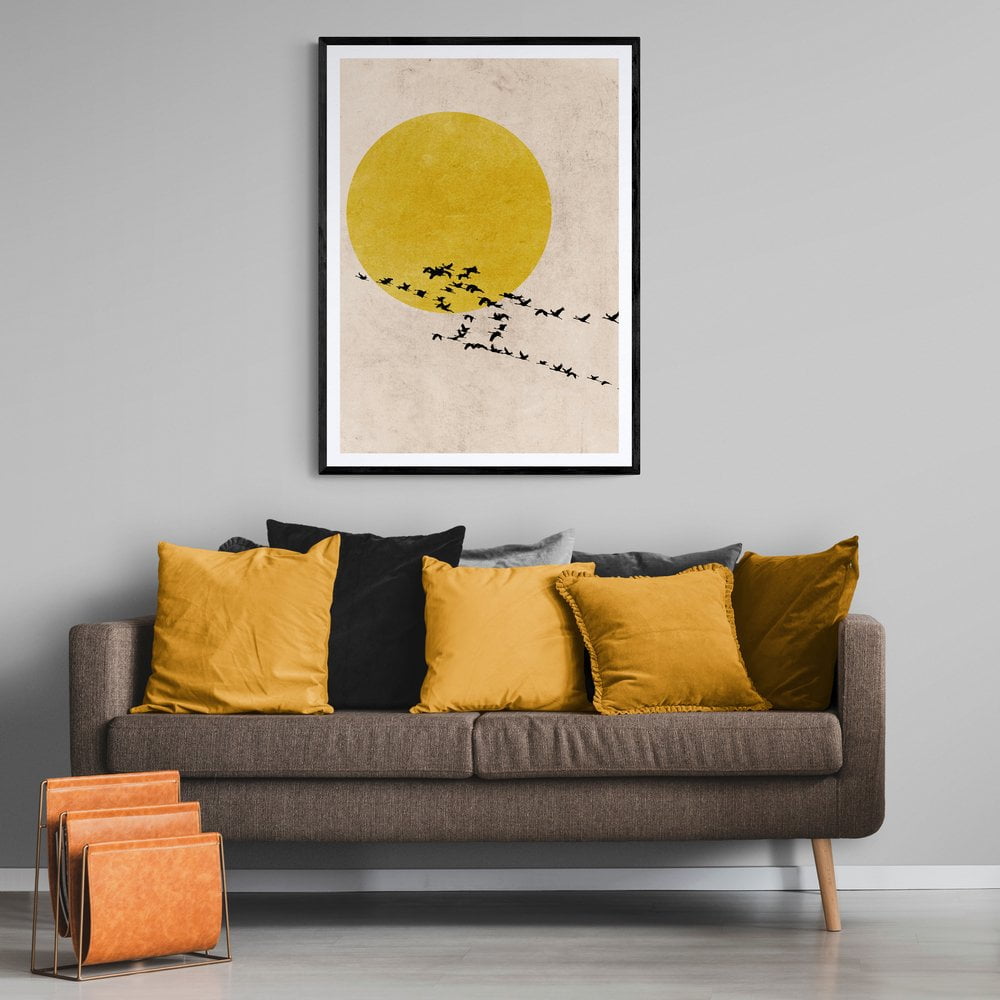 Yellow Bird Flock Silhouette Print in black frame with mount