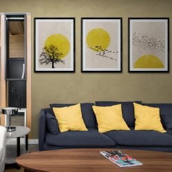 Yellow Sun Silhouette Print Set of 3 in black frames with mounts