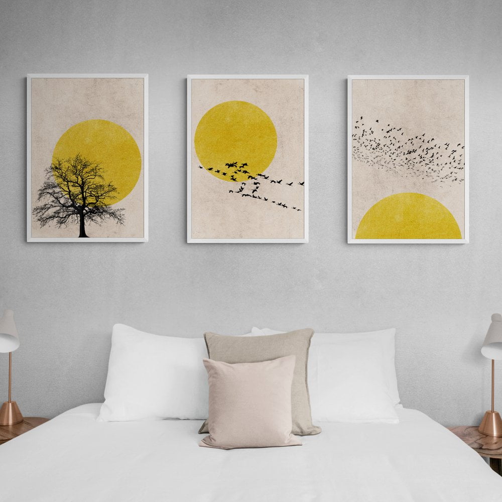 Yellow Sun Silhouette Print Set of 3 in white frames