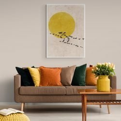 Yellow Bird Flock Silhouette Print in white frame