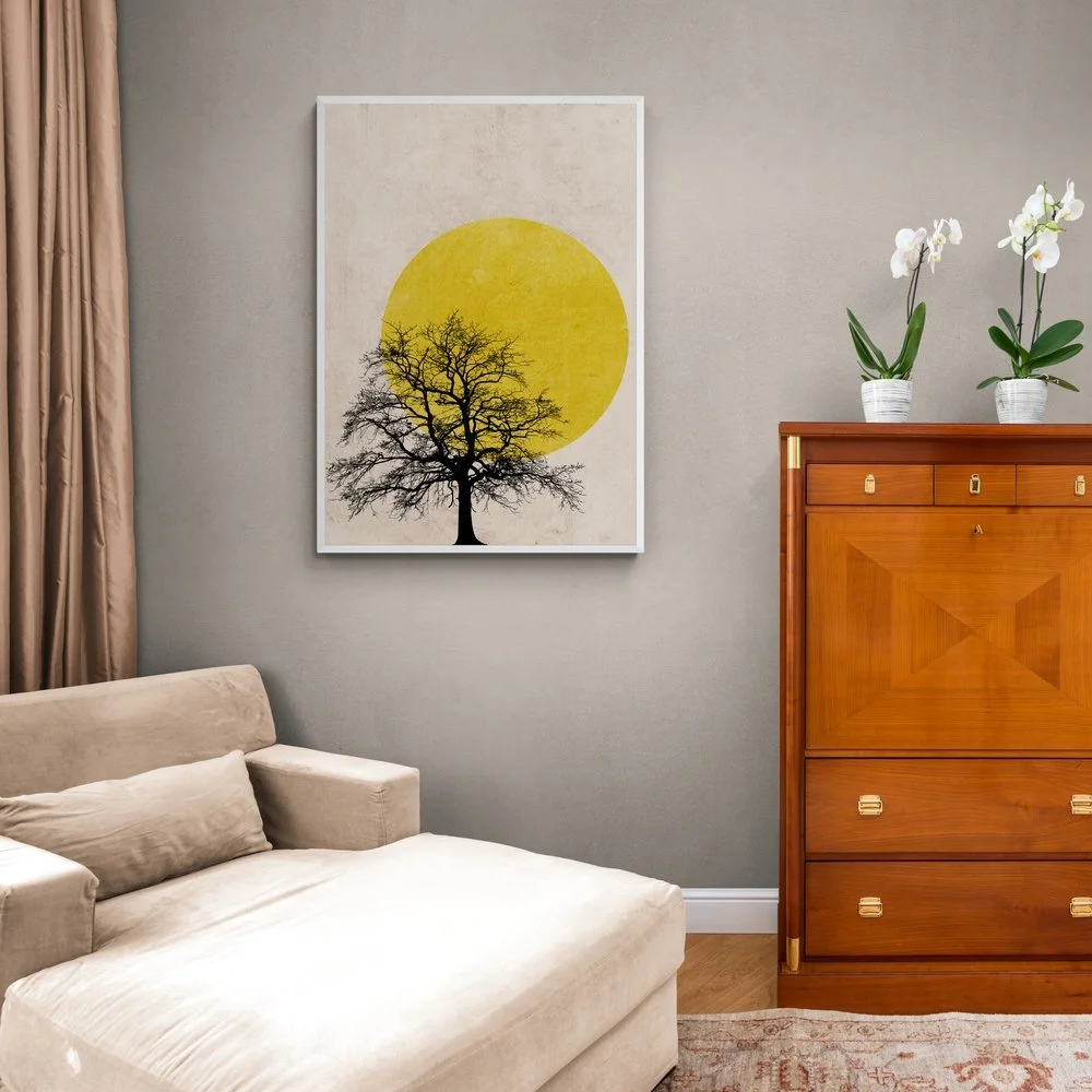 Yellow Tree Silhouette Sun Print in white frame