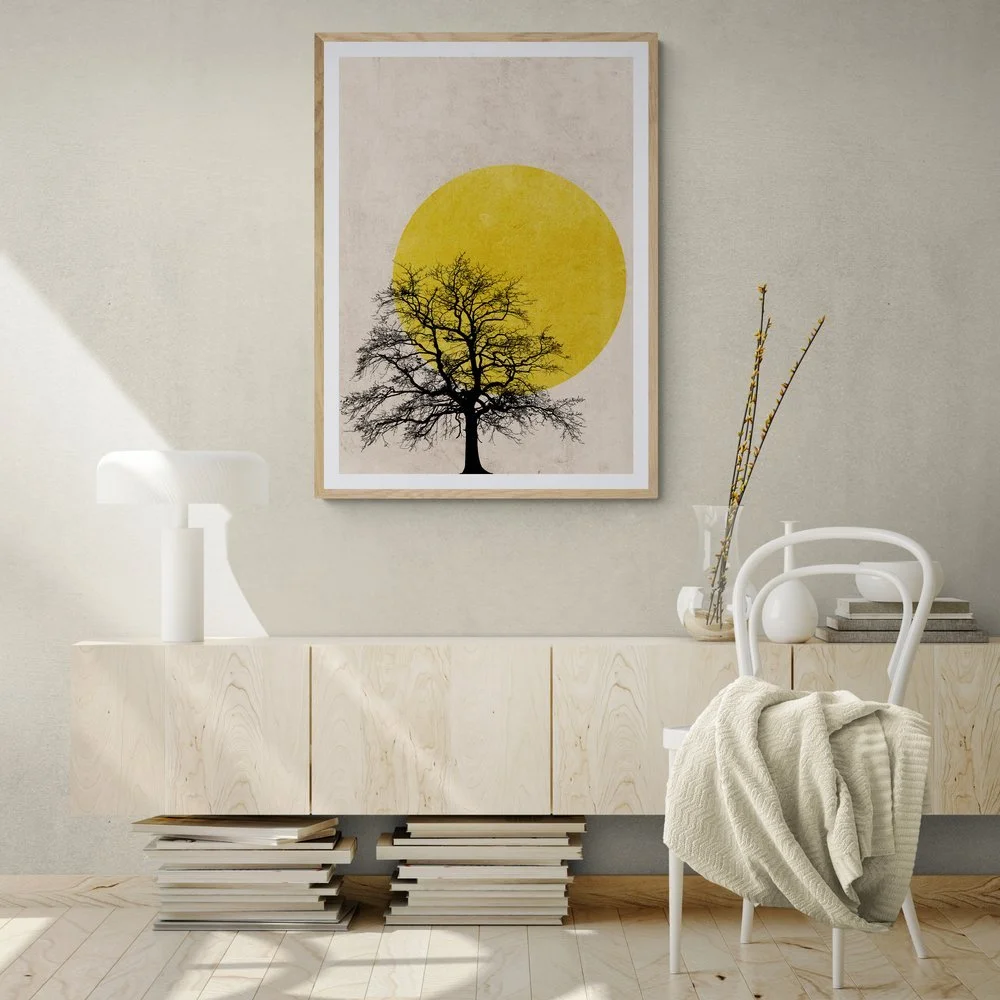 Yellow Tree Silhouette Sun Print in natural wood frame with mount