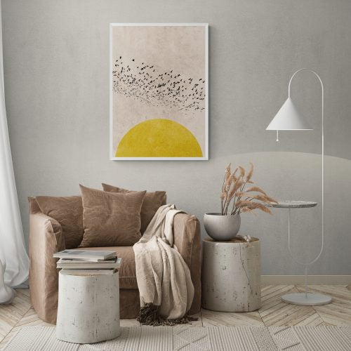 Yellow Sunset Silhouette Print in white frame