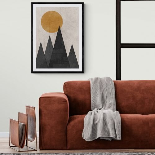 Sun and Mountains Print in black frame with mount