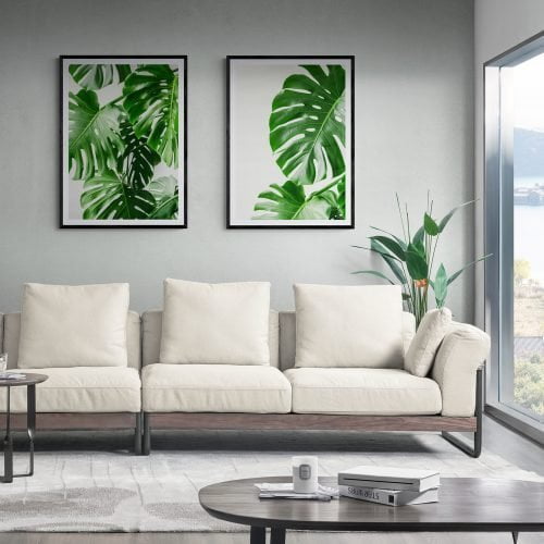 Large Monstera Leaves Print Set of 2 in black frames with mounts