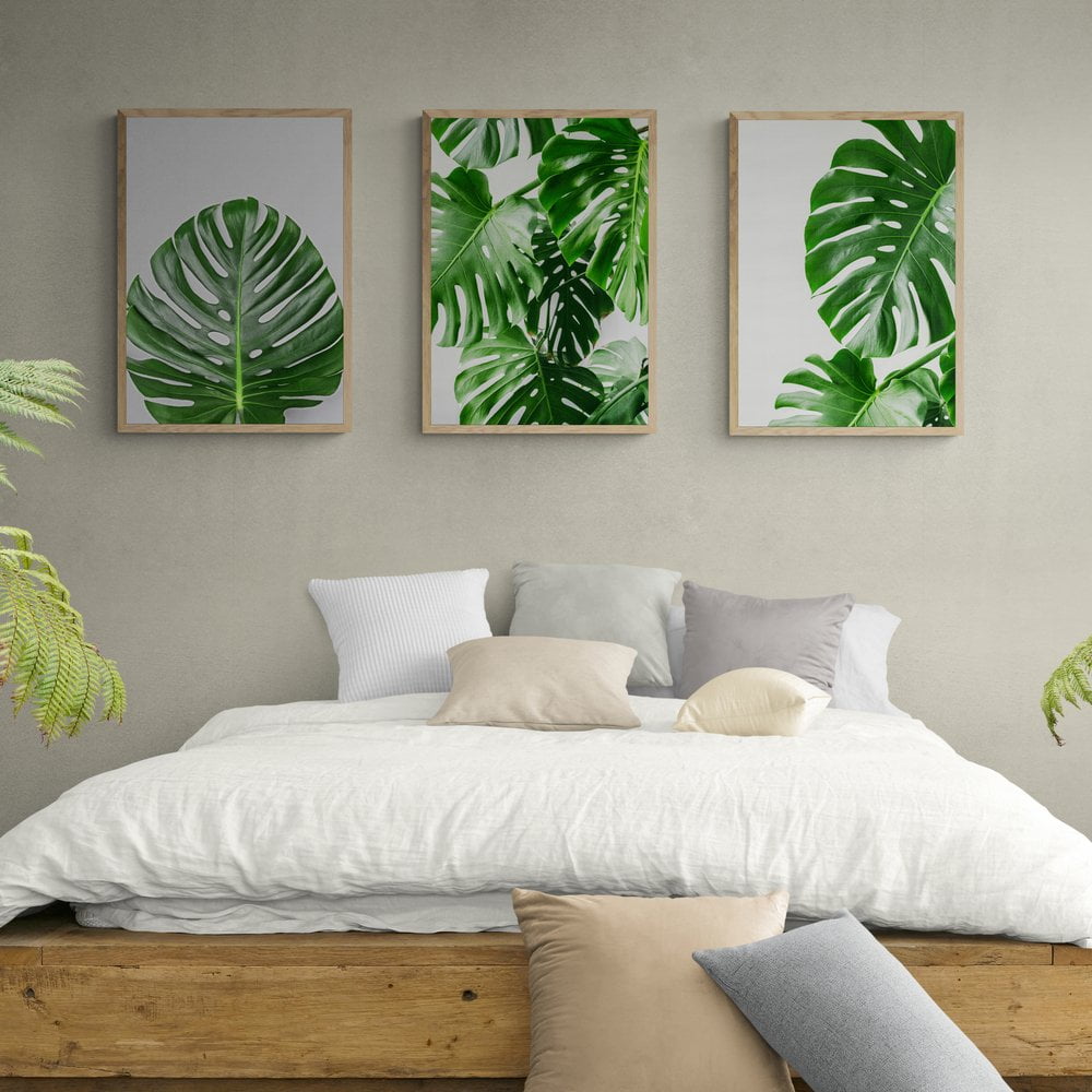 Monstera Leaves Print Set of 3 in natural wood frames