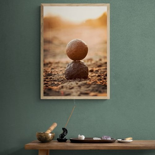Balancing Stones Print in natural wood frame