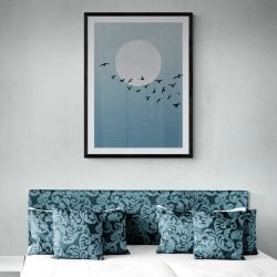 Moon and Birds Art Print in black frame with mount