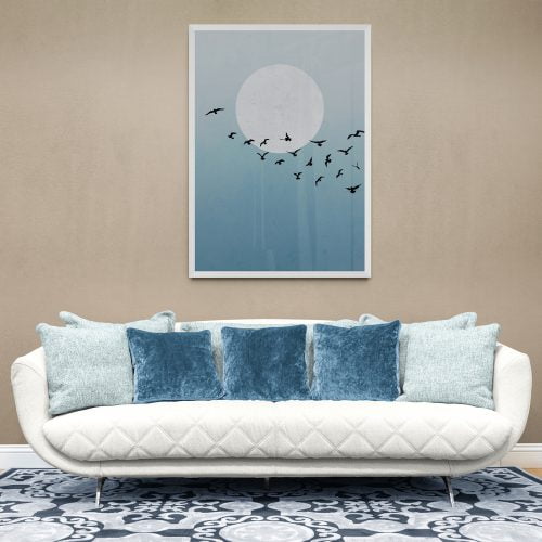 Moon and Birds Art Print in white frame