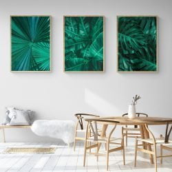 Tropical Leaves Print Set of 3 in natural wood frames