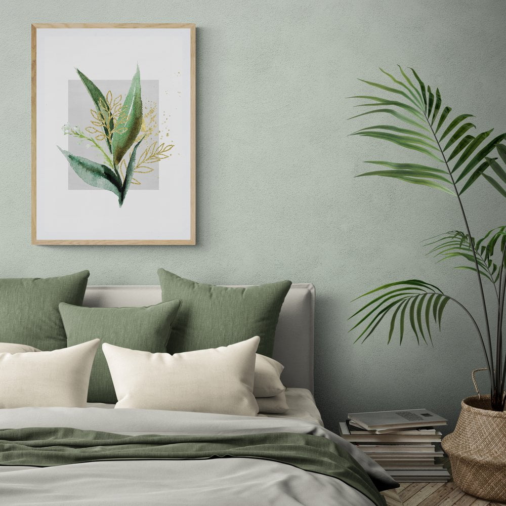 Green and Gold Leaf Print in natural wood frame with mount