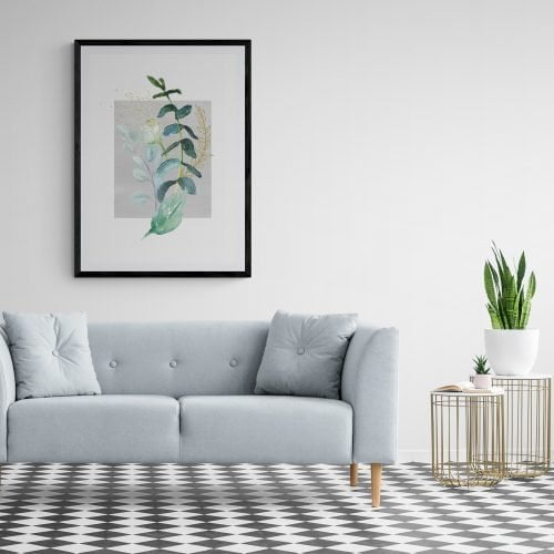 Watercolour Eucalyptus Leaf Print in black frame with mount