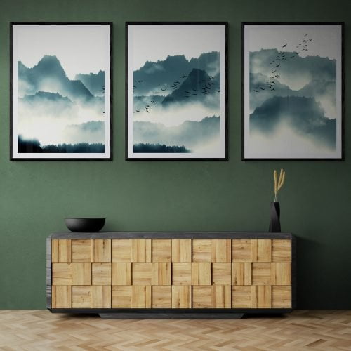 Watercolour Forest Print Set of 3 in black frames with mounts