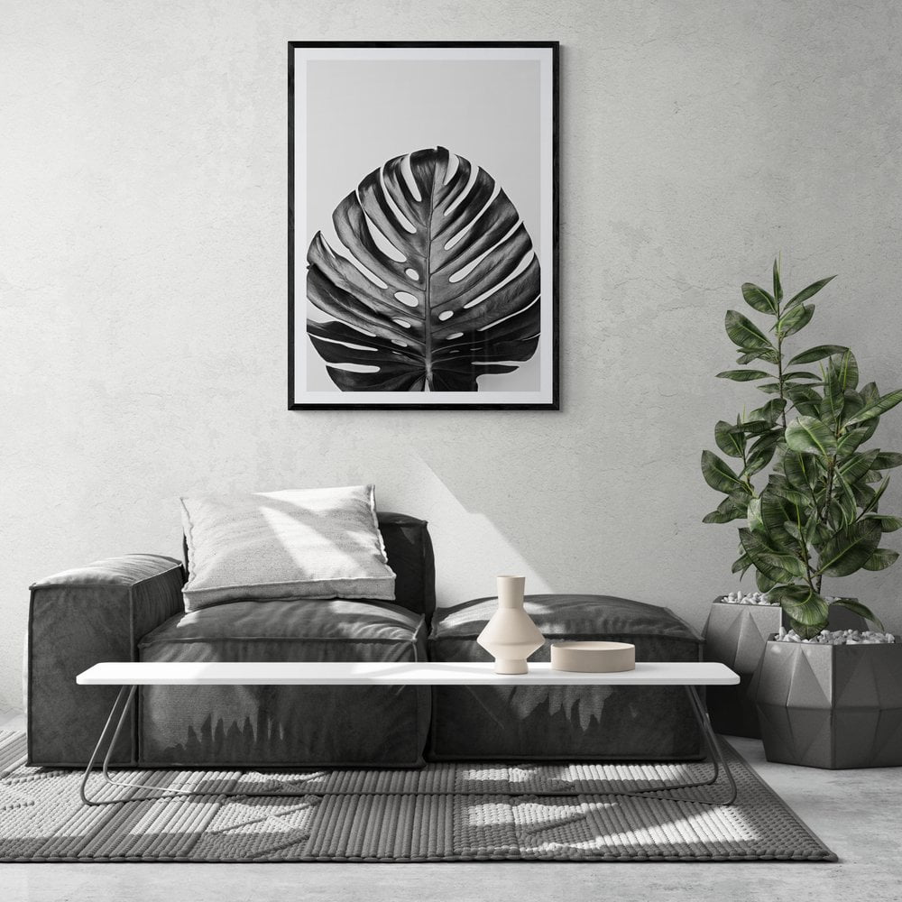 Black and White Monstera Leaf Print in black frame with mount