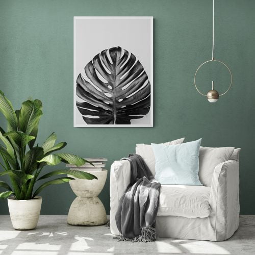 Black and White Monstera Leaf Print in white frame
