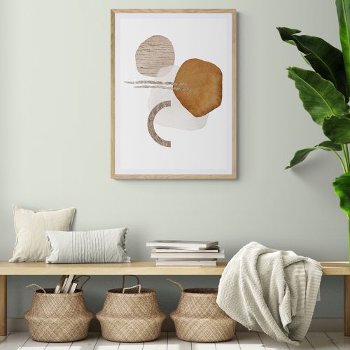Beige and Copper Minimalist Art Print in natural wood frame with mount