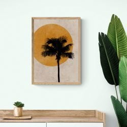 Palm Tree Silhouette Sun Print in natural wood frame