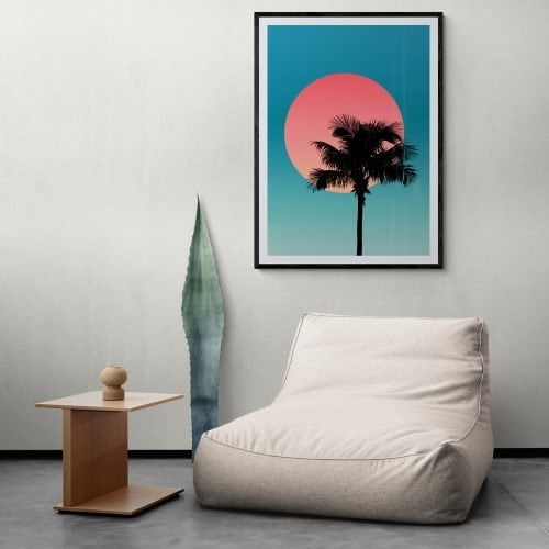 Tropical Palm Tree Silhouette Print in black frame with mount