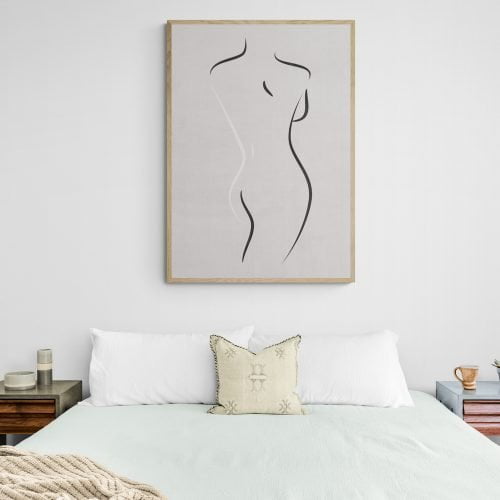 Female Body Line Drawing Print in natural wood frame