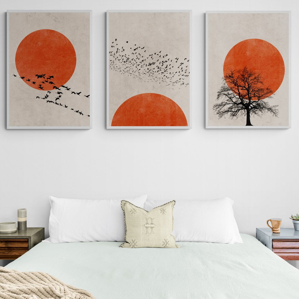 Red Sun Silhouette Print Set of 3 in white frames