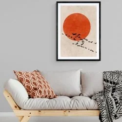 Red Sun Silhouette Print in black frame with mount