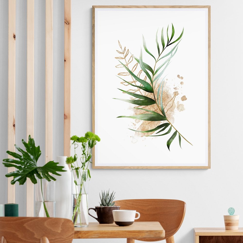 Green and Gold Palm Leaf Print in natural wood frame