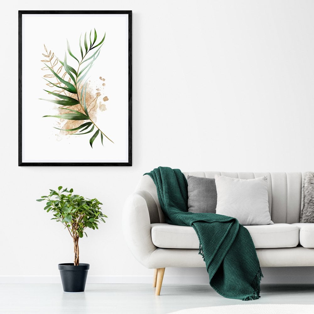 Green and Gold Palm Leaf Print in black frame