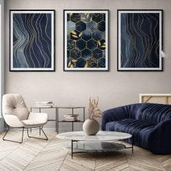 Abstract Blue and Gold Print Set of 3 in black frames with mounts