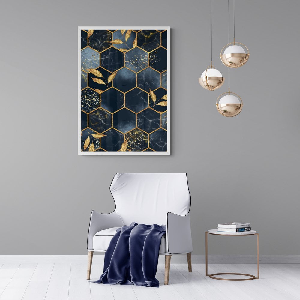 Blue and Gold Hexagon Abstract Print in white frame