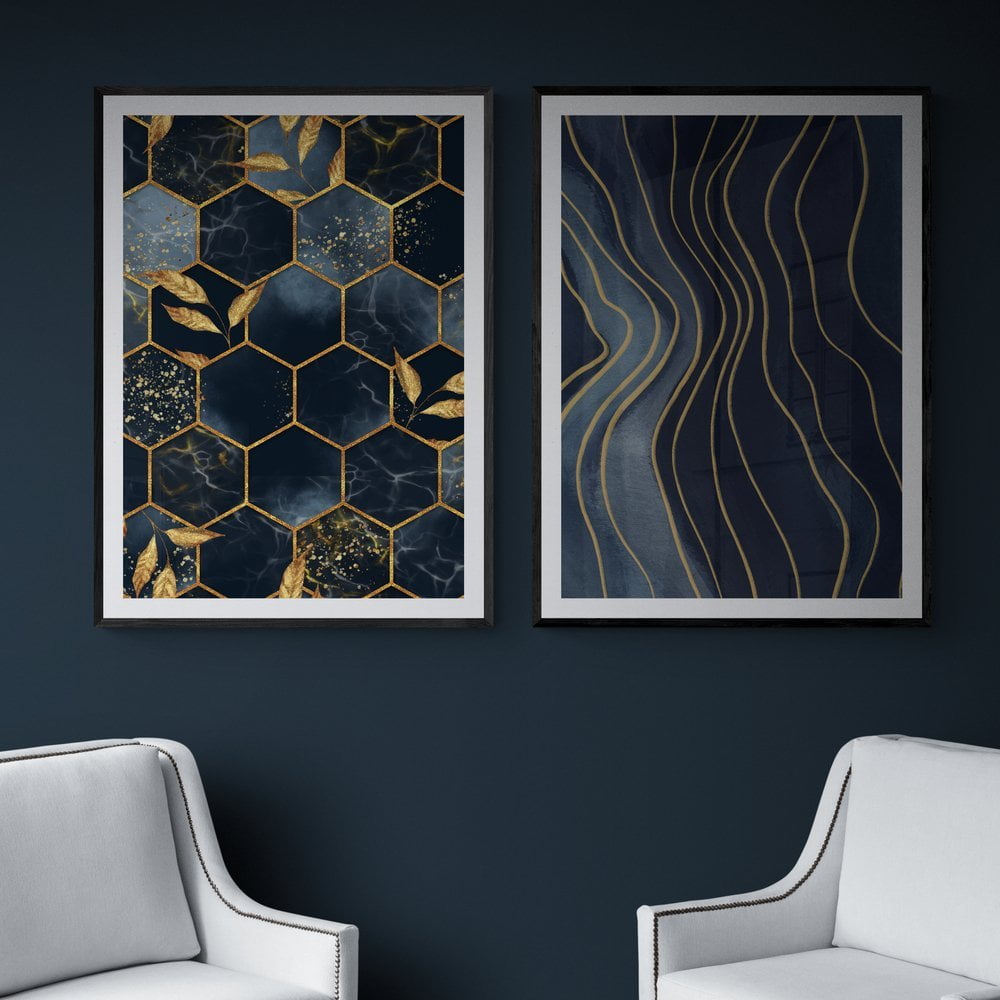 Navy and Gold Abstract Print Set of 2 in black frames with mounts