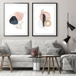 Blush Pink and Navy Print Set of 2 in black frames with mounts