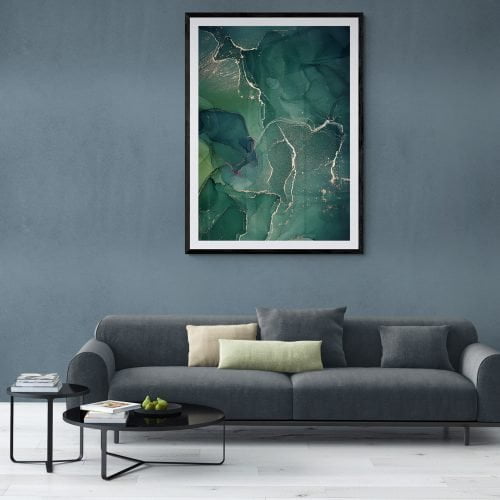 Green and Gold Abstract Print in black frame with mount
