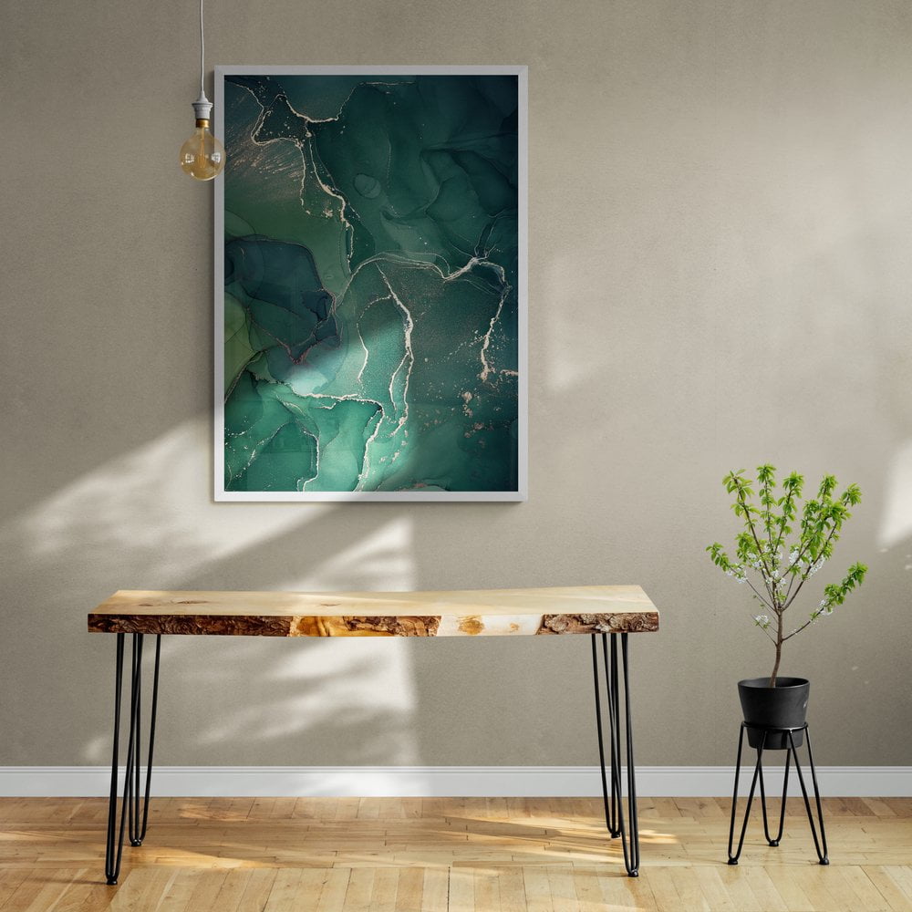 Green and Gold Abstract Print in white frame