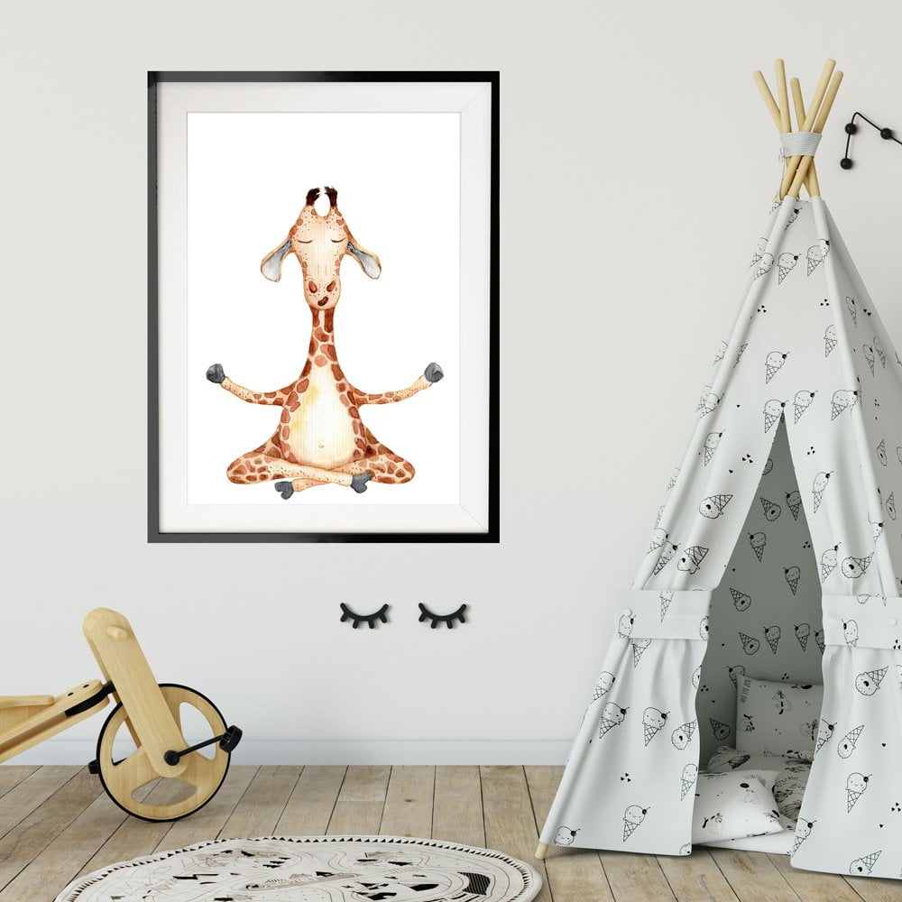 Giraffe Nursery Print in black frame with mount