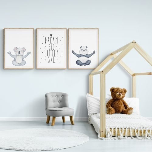 Panda and Koala Nursery Print Set of 3 in natural wood frames with mounts