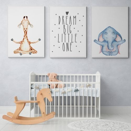 Giraffe and Elephant Nursery Print Set of 3 in White Frames