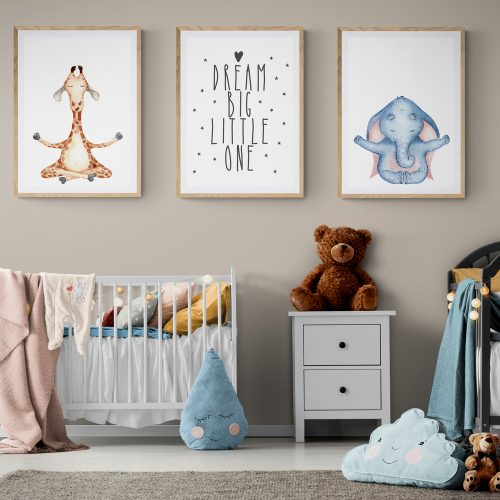 Giraffe and Elephant Nursery Print Set of 3 in natural wood frames with mounts
