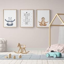 Panda and Sloth Nursery Print Set of 3 in natural wood frames with mounts