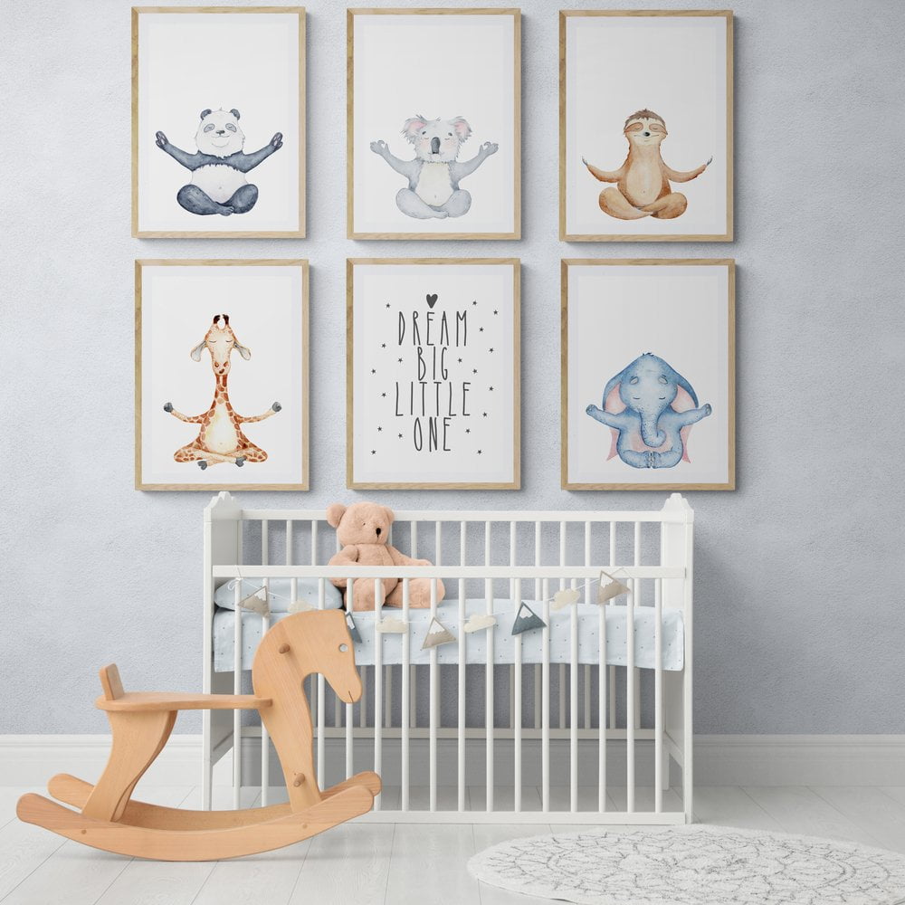 Jungle Animal Nursery Print Set of 6 in natural wood frames with mounts