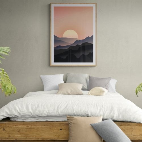 Mountain Sunset Art Print in natural wood frame with mount