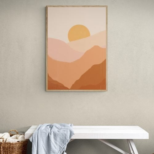 Boho Sunset Art Print in natural wood frame