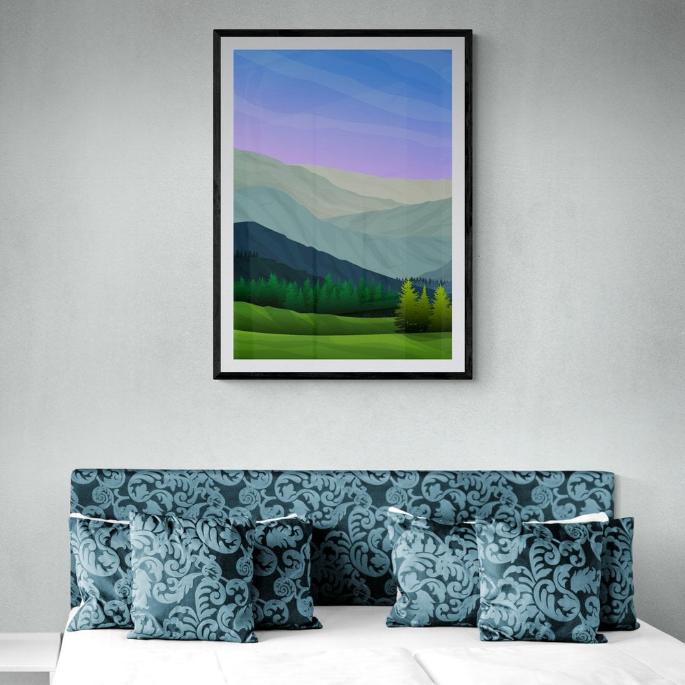 Mountain Forest Art Print in black frame with mount