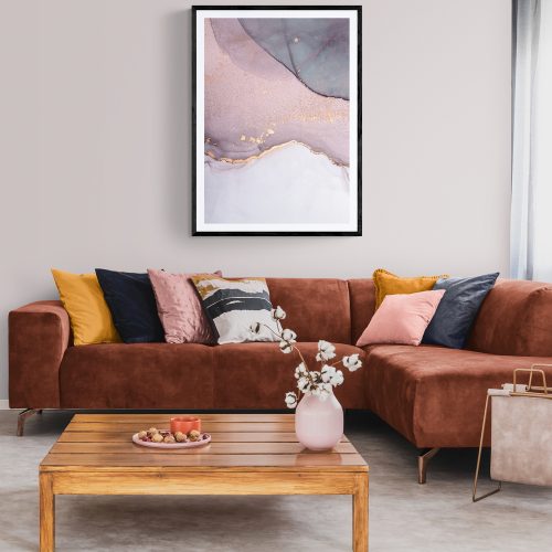 Pink Abstract Fluid Art Print in black frame with mount