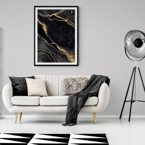 Black and Gold Abstract Art Print in black frame with mount