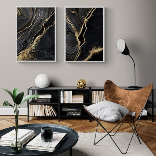 Black and Gold Fluid Print Set of 2 in white frames