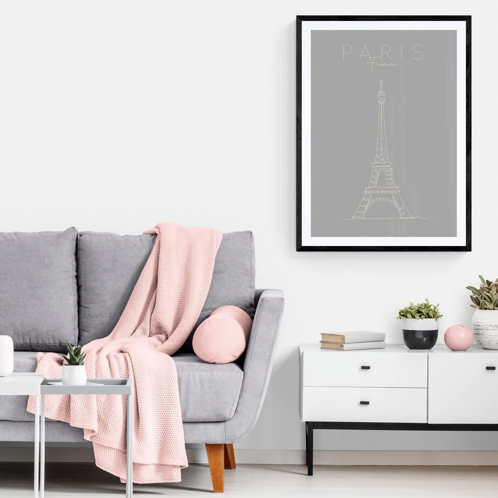 Line Art Paris Eiffel Tower Print in black frame with mount