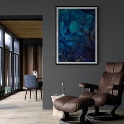 Blue Marble Abstract Art Print in black frame with mount